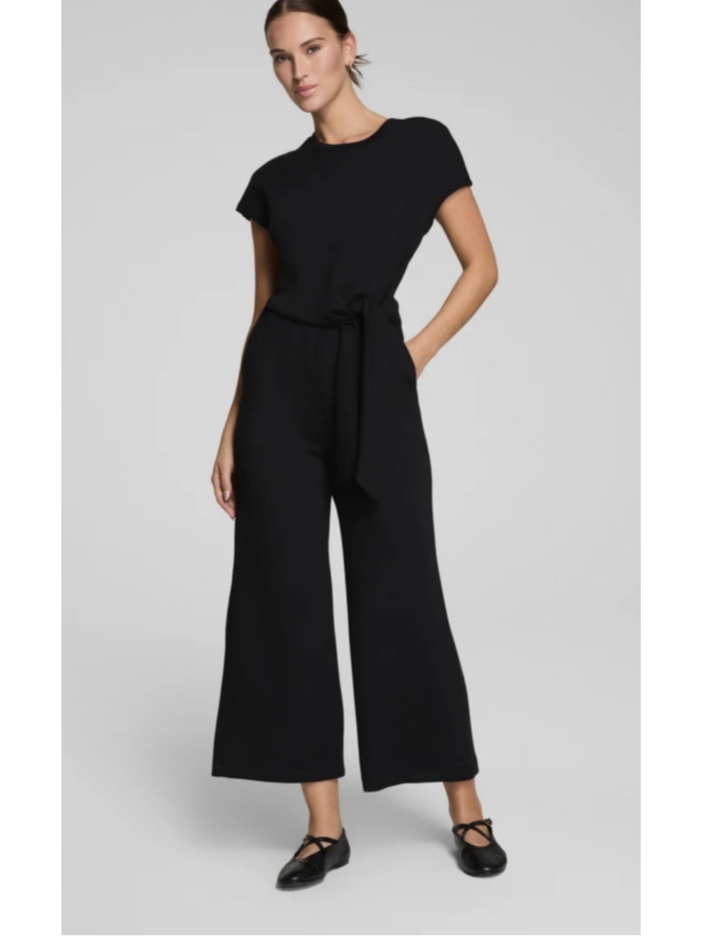 SPANX AirEssentials® Tie Waist Jumpsuit 1X Black Take Off Techn Wide Leg Pockets